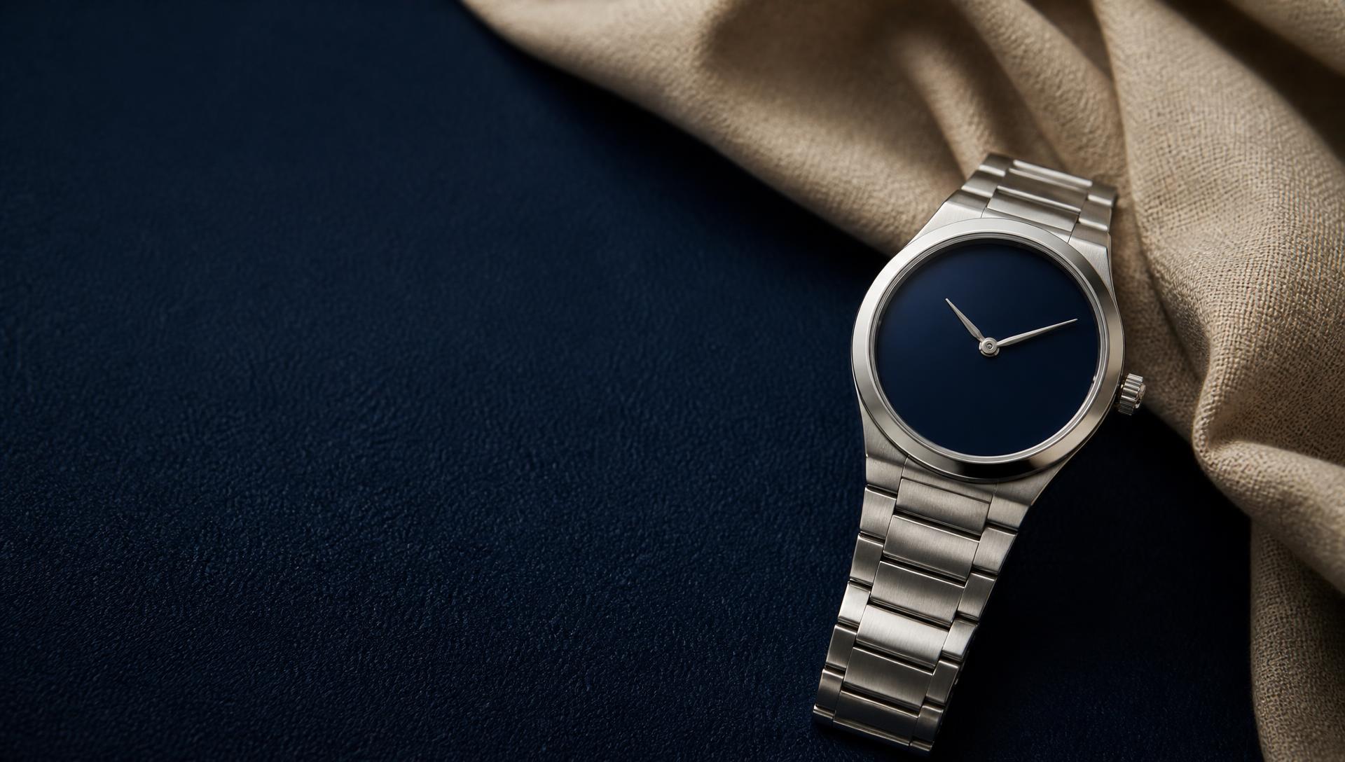 A steel watch with a navy dial resting on navy fabric